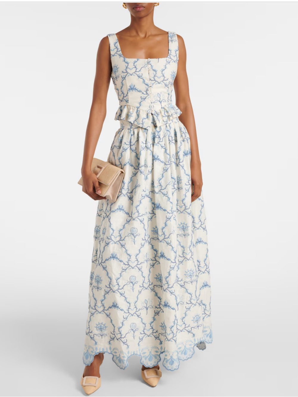 Agua by Agua Bendita tangelo Skirt and top set with Light Blue Floral Embroidery